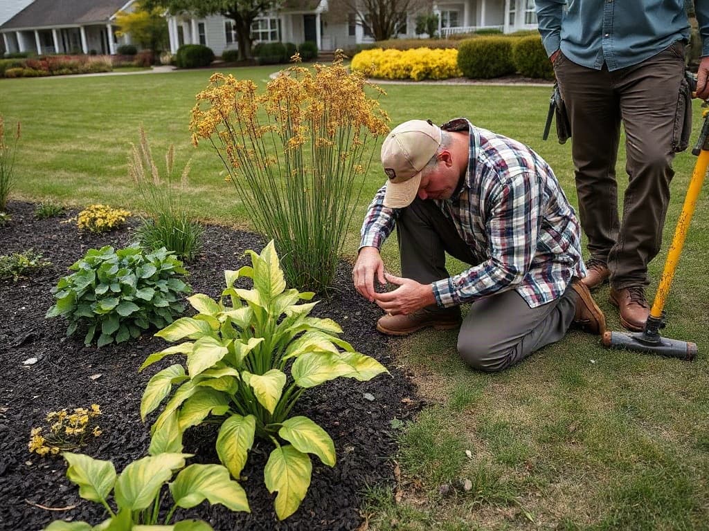 A horticulture team member examining plants in a managed garden bed.